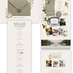 Elegant sage green wedding website template with floral editorial design and romantic Lake Como aesthetic
