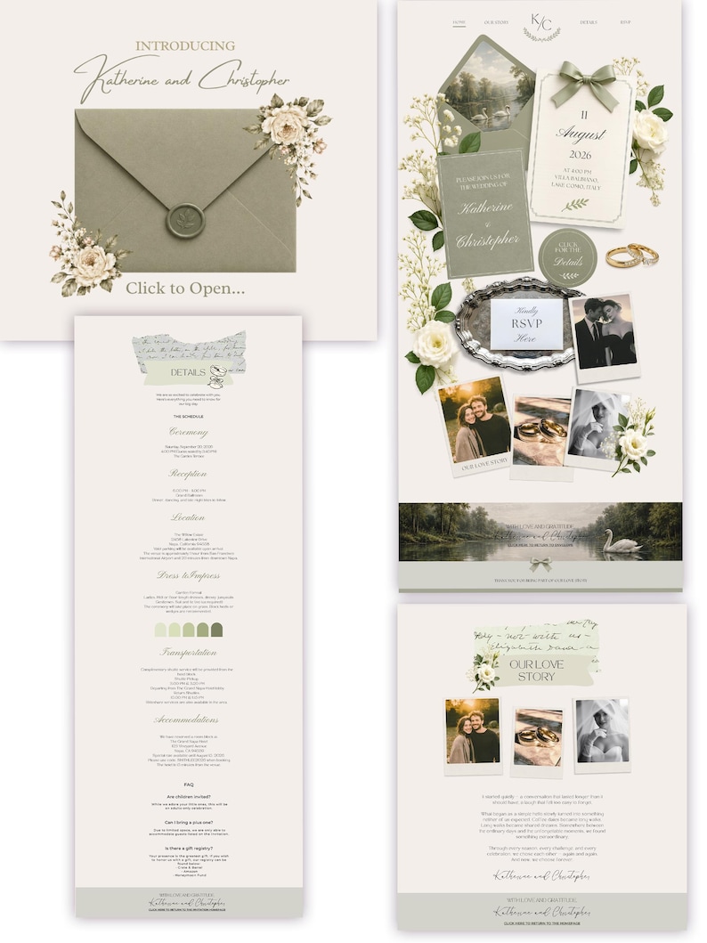 Elegant sage green wedding website template with floral editorial design and romantic Lake Como aesthetic