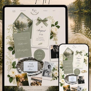 Könnte beinhalten: Eine Hochzeitswebsite-Vorlage, die auf einem Tablet und Smartphone angezeigt wird. Das Design zeigt ein sanftes Grün-Weiß-Farbschema mit floralen Akzenten, Hochzeitsfotos und dem Text "4 PAGES WEDDING WEBSITE Template".