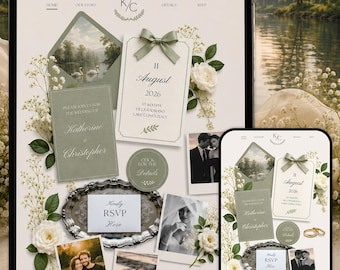 Sage Green and Ivory Wedding Website Template with RSVP Luxury Wedding Website Template Editable Old Money Canva Site Digital Invitation