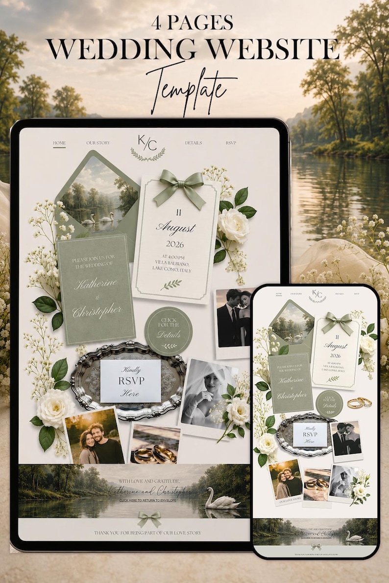 Elegant sage green wedding website template with floral editorial design and romantic Lake Como aesthetic