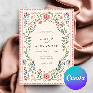 Vintage folk art floral wedding invitation template with blush dotted border and botanical frame, editable Canva printable wedding invite set.
