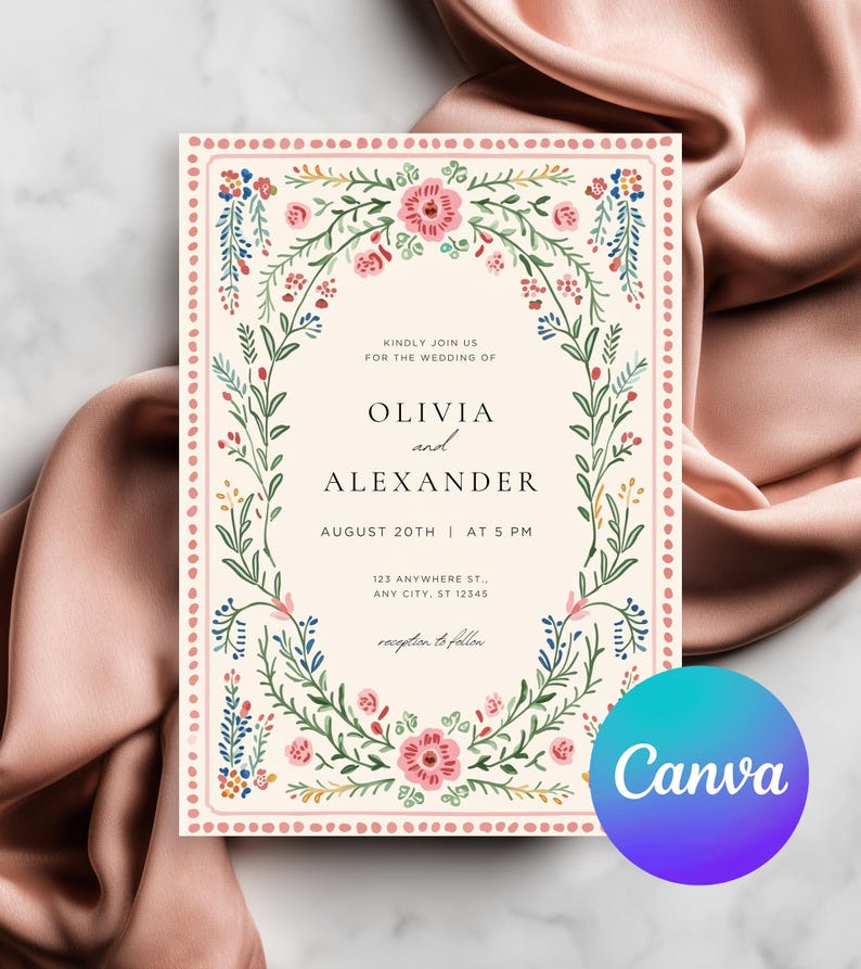 Vintage folk art floral wedding invitation template with blush dotted border and botanical frame, editable Canva printable wedding invite set.