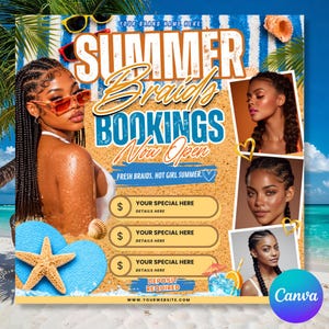 Tropical summer braids booking flyer featuring a beach background, palm leaves, seashells, sunglasses, braid hairstyle photos, bold summer bookings text, pricing sections, flip-flops with a starfish, and bright blue and orange summer colors.