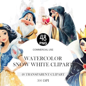 以下が含まれることがあります： 水彩画のクリップアート。白雪姫、小人、悪の女王、そして古典的なおとぎ話の魔女が描かれています。画像には「WATERCOLOR SNOW WHITE CLIPART」と「48 PNG」の文字が含まれています。