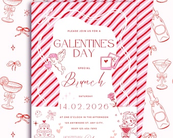 Invitación editable para el brunch de Galentine, Noche de chicas, con lazo (descarga digital, 13 x 18 cm)