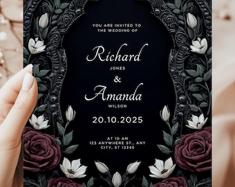 Suite di inviti per nozze floreali in stile dark gothic (stampabili, CANVA)