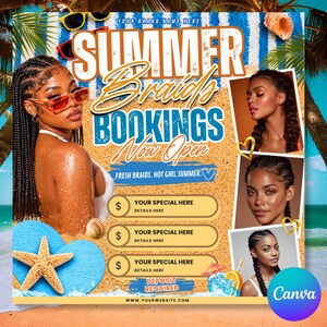 Tropical summer braids booking flyer featuring a beach background, palm leaves, seashells, sunglasses, braid hairstyle photos, bold summer bookings text, pricing sections, flip-flops with a starfish, and bright blue and orange summer colors.