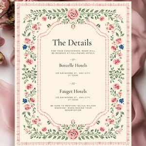 Vintage folk art floral wedding invitation template with blush dotted border and botanical frame, editable Canva printable wedding invite set.