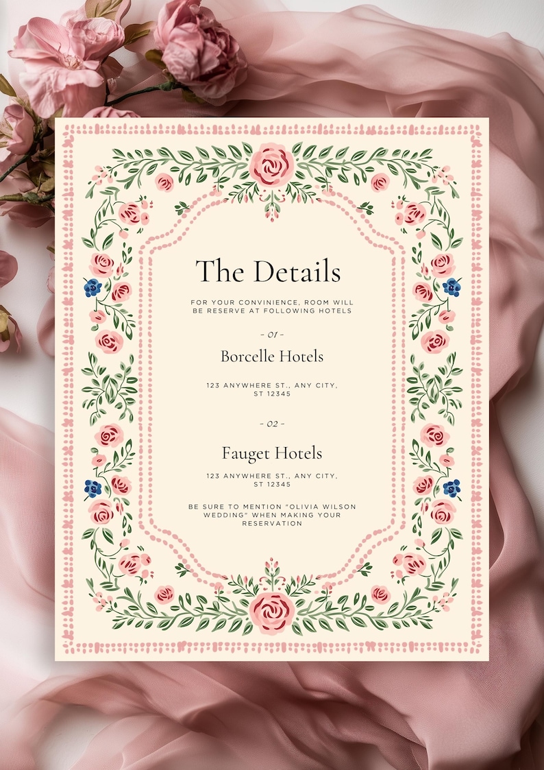 Vintage folk art floral wedding invitation template with blush dotted border and botanical frame, editable Canva printable wedding invite set.
