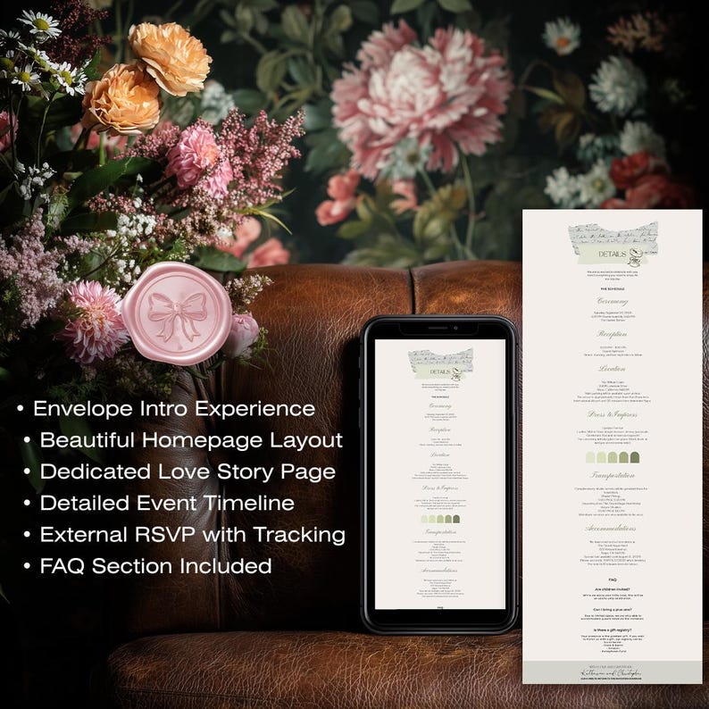 Elegant sage green wedding website template with floral editorial design and romantic Lake Como aesthetic