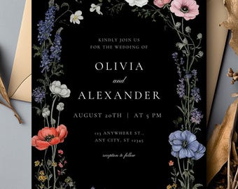 Elegante conjunto de invitaciones de boda con flores silvestres, romántica invitación bohemia (plantilla de Canva)