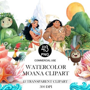Moana Inspired Watercolor Clipart Set Cute Princess PNG Moana and Maui Tropical Ocean Beach Clipart Hawaiian Summer Kids Birthday Party Set