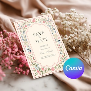 Vintage folk art floral wedding invitation template with blush dotted border and botanical frame, editable Canva printable wedding invite set.