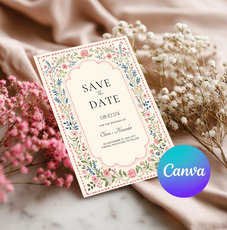 Vintage folk art floral wedding invitation template with blush dotted border and botanical frame, editable Canva printable wedding invite set.