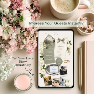 Elegant sage green wedding website template with floral editorial design and romantic Lake Como aesthetic