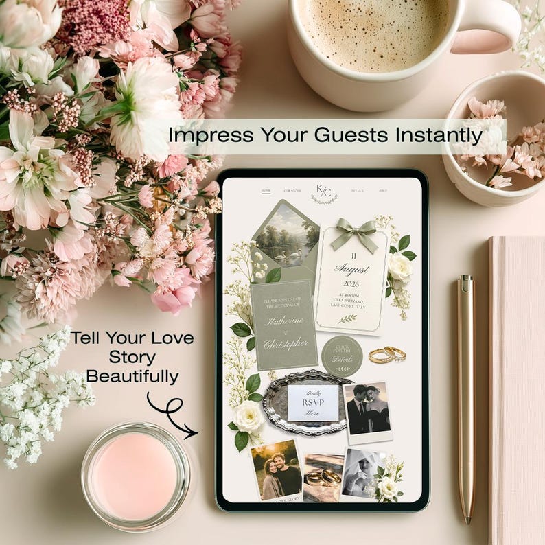 Elegant sage green wedding website template with floral editorial design and romantic Lake Como aesthetic