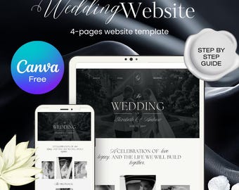 Plantilla de sitio web para bodas con formulario de confirmación de asistencia / Sitio web de bodas de lujo en blanco y negro / Diseño elegante y clásico editable en Canva