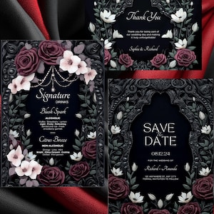 May include: A set of three wedding stationery cards with a dark floral design. The cards include a "Thank You" card, a "Save the Date" card, and a menu for signature drinks. The cards feature burgundy roses and white flowers.