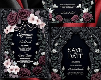 Paquete de invitaciones de boda con motivos florales góticos oscuros (más de 19 artículos, imprimibles, CANVA)