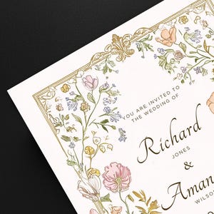 Elegant floral wedding invitation suite featuring pastel wildflowers and gold frame accents. Includes RSVP card, details card, and main invitation with botanical illustrations on a soft ivory background. Romantic and vintage-inspired design, perfect for spring or boho weddings.