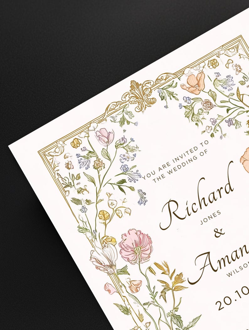Elegant floral wedding invitation suite featuring pastel wildflowers and gold frame accents. Includes RSVP card, details card, and main invitation with botanical illustrations on a soft ivory background. Romantic and vintage-inspired design, perfect for spring or boho weddings.