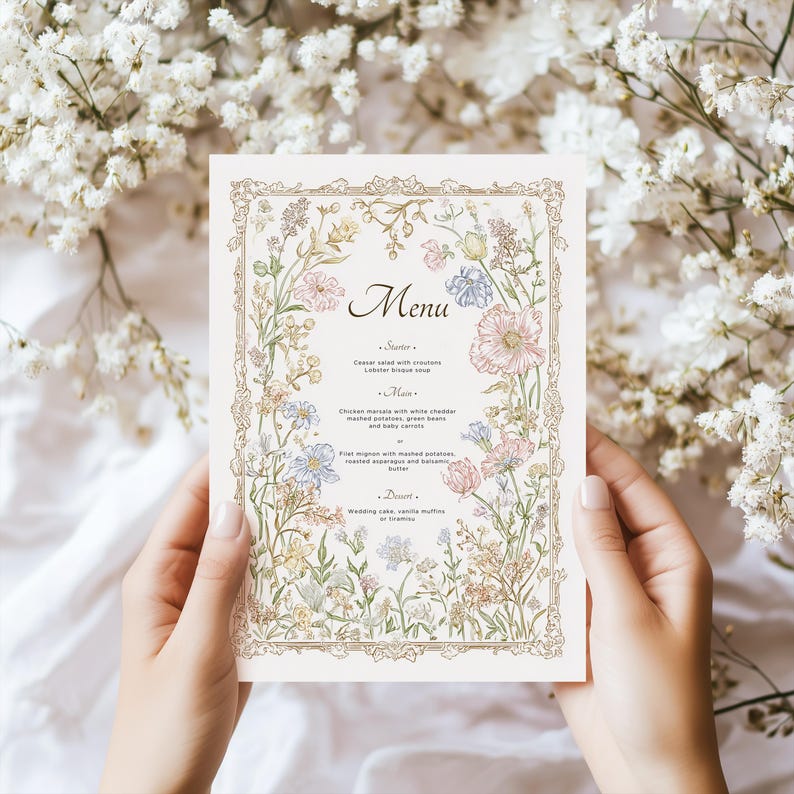 Elegant floral wedding invitation suite featuring pastel wildflowers and gold frame accents. Includes RSVP card, details card, welcome sign, thank you card, menu card, table number and main invitation with botanical illustrations on a soft ivory background. Romantic and vintage-inspired design, perfect for spring or boho weddings.