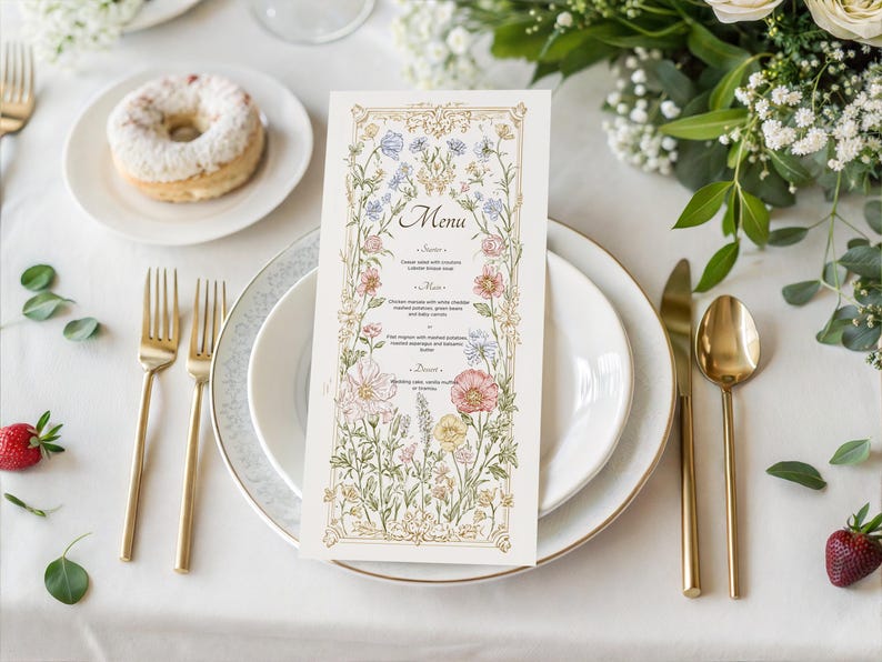 Elegant floral wedding invitation suite featuring pastel wildflowers and gold frame accents. Includes RSVP card, details card, welcome sign, thank you card, menu card, table number and main invitation with botanical illustrations on a soft ivory background. Romantic and vintage-inspired design, perfect for spring or boho weddings.
