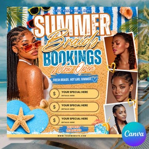 Tropical summer braids booking flyer featuring a beach background, palm leaves, seashells, sunglasses, braid hairstyle photos, bold summer bookings text, pricing sections, flip-flops with a starfish, and bright blue and orange summer colors.