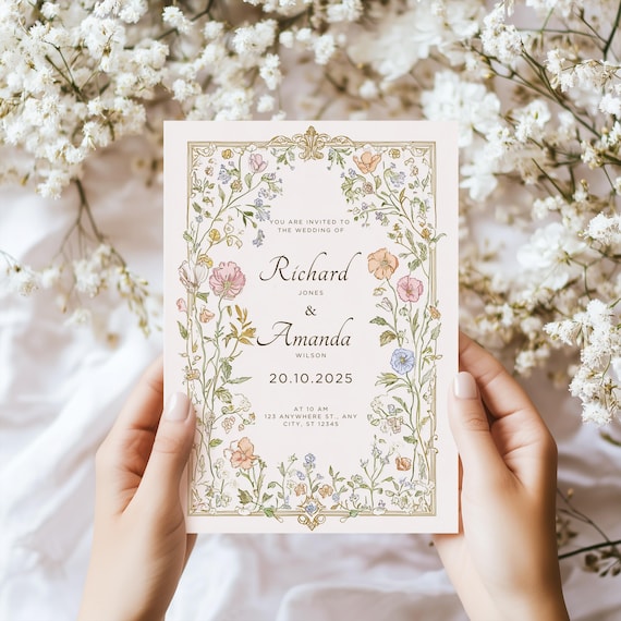 Wildflower Wedding Invitation Suite, Elegant Floral Template (Printable, CANVA, Digital Download)