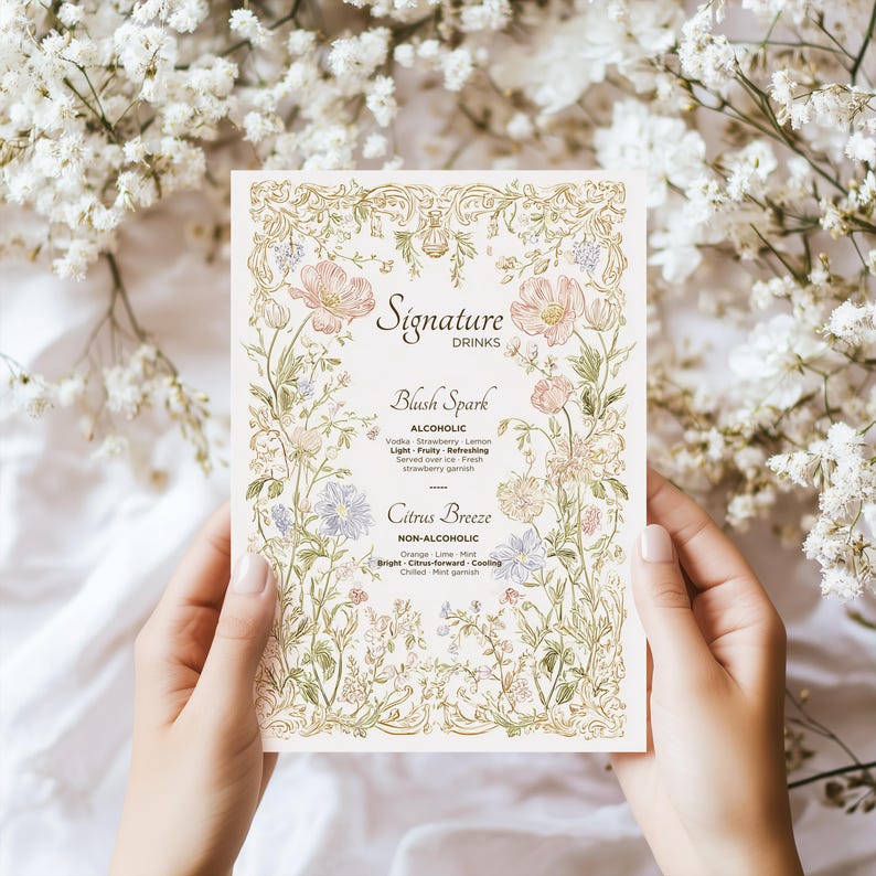 Elegant floral wedding invitation suite featuring pastel wildflowers and gold frame accents. Includes RSVP card, details card, welcome sign, thank you card, menu card, table number and main invitation with botanical illustrations on a soft ivory background. Romantic and vintage-inspired design, perfect for spring or boho weddings.