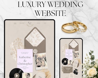 Plantilla de sitio web de boda en color beige neutro con invitación de boda editable en Canva con confirmación de asistencia, elegante invitación digital de boda para sitio web de boda de estilo clásico.