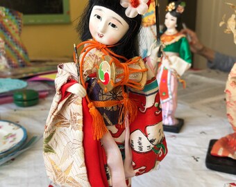 Japanese Geisha Black Kimono and Obi Sash on a Wooden Base Lucky Charm Figurine Vintage Souvenir Doll from Japan