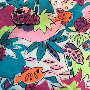 Tropical Fabric Ocean Fish Shells Under the Sea Pink Blue Green Fluorescent