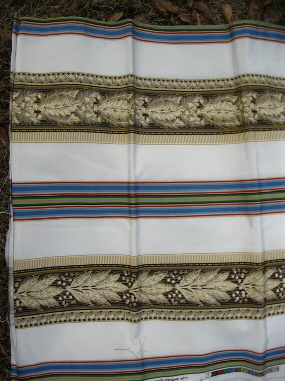 Striped Drapery Fabric With Oak Leaves Acorns Blue Red Etsy
