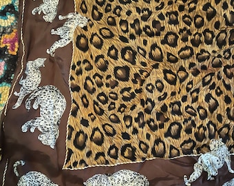 Vintage Silk Scarf Leopard Print Leopards Border