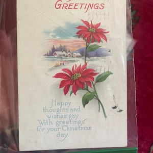 Carte postale de Noël ancienne Poinsettia Village Snow