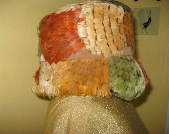 Feather Hat with Velvet Ribbon, Green, Gold, Orange, Beautiful Vintage