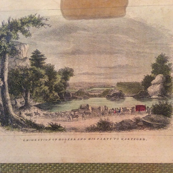 1851 Wood Engraving Thomas Hooker Puritans Hartford Connecticut Hand Colored