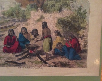 1851 Wood Engraving Native American Indians South America Fish Hand Colored