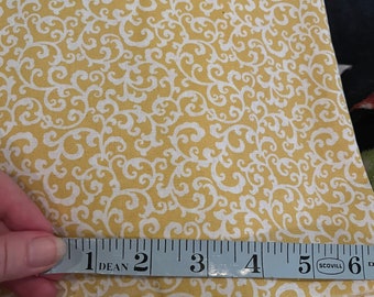 Yellow White Filigree Swirls Cotton Quilting Fabric Material