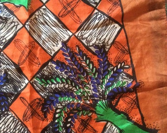Vintage Silk Scarf Grid Trees Flowers Abstract