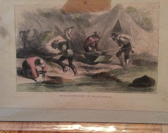 1851 Wood Engraving Westward West California Gold Rush Gold Digging Panning Hand Colored