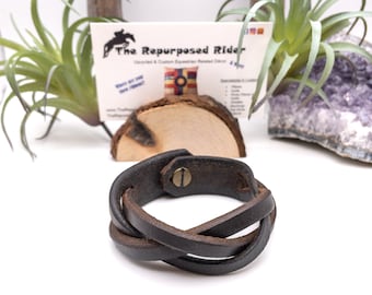 Leather Braided Bracelet. Made from old stirrup leathers and saddle parts. Mystery braid. Unisex. Upcycled. Recycled.