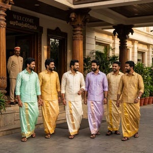 May include: Six individuals wearing long-sleeved button-down shirts in pastel mint, yellow, cream, lavender, and gold, paired with traditional dhotis featuring gold borders. The group stands in front of a building with a sign reading HOTEL.