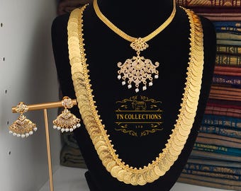 Micro Gold Finish Traditional semi bridal set ethnic wedding imitation jewellery Kasumalai coin haaram lakshmi