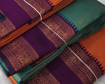 Traditional Kanjivaram silk saree with contrast blouse and rich pallu Southindian wedding wear sari