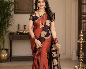 Premium Semi-Kanchipuram-Seidensari, südindische Hochzeitskleidung, traditioneller Vintage-Sari in Orange mit kaffeebraunen Akzenten