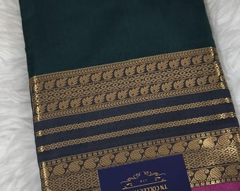 Shining Soft Silk Dark Green Saree: Golden Zari Border, Contrast Pallu sari Southindian wedding wear