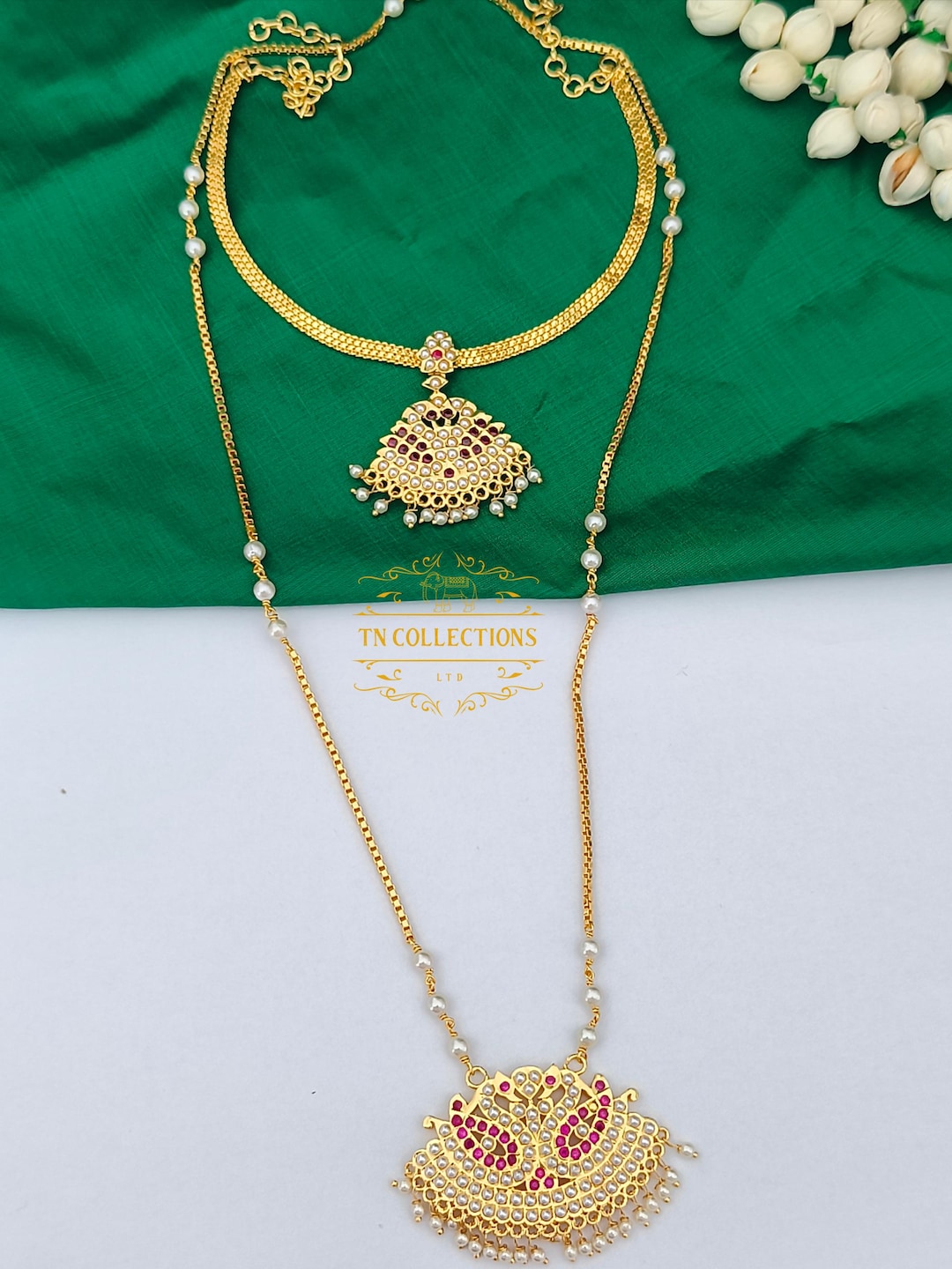 Micro Gold-plated Traditional Pearl Attiyal Pathakkam Semi Bridal Set ...